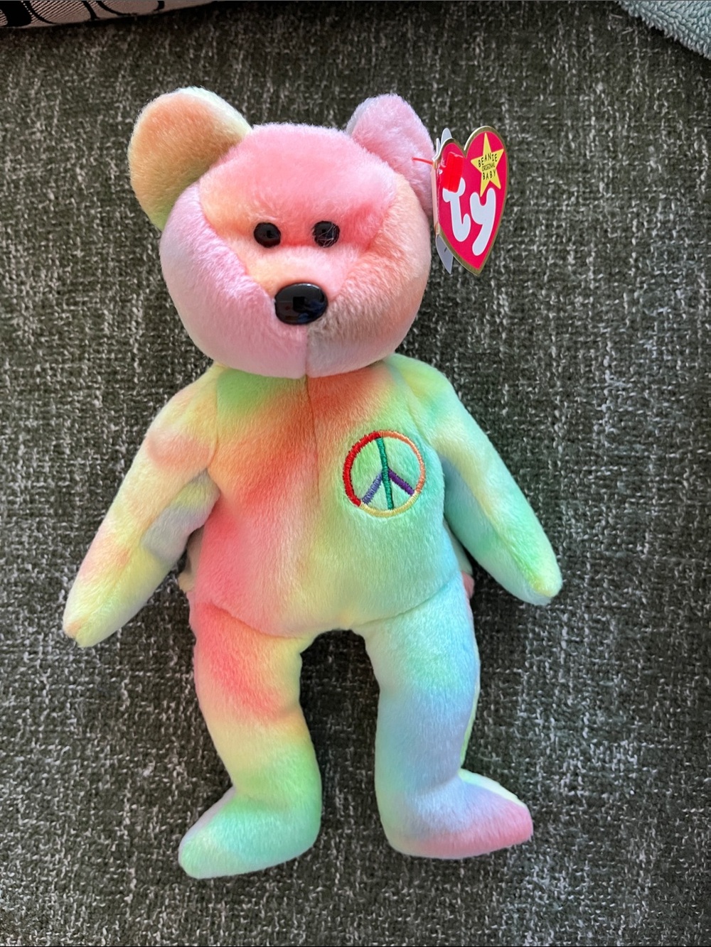 Ty Tie-Dye Peace Bear Plush - Pink, Orange, Yellow, Green, Blue